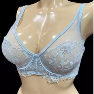 NWT Victoria Secret LUXE Sexy Sheer Floral Lace Mesh Unlined Plunge Bra Blue 34D